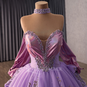 251139 Elegante Vestido de Quinceañera Morado con Escote Corazón, Perlas, Apliques de Cristal y Cuentas, Sin Mangas, Cola Capilla - Product Image 5