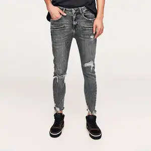 Euro Fashion Wholesale Slim Fit Streetwear Oem Bulk Grijze Gescheurde Denim Jeans Casual Straight Stijl Mid Euro Mode Hot Sale