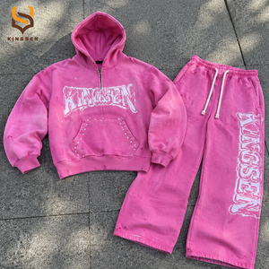 Custom Oversized Zip up <b>Tracksuit</b> for Men Acid Wash Cotton French Terry Hoodie Set Streetwear Screen Print logo Men's Sweat Suit - Product Image 2