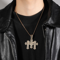 2025 nouvelle mode empilé trois croix pendentif collier plaqué or Style Hip Hop Unique 'glacé' Zircon laiton pendentifs fins