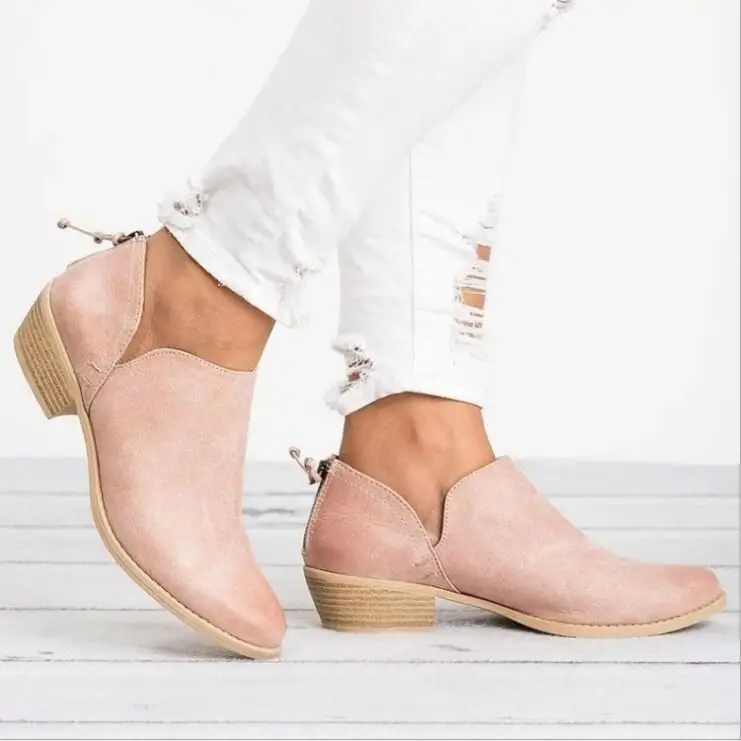 2022 New Women Ankle Boot Solid Color Simple PU Leather Office Lady Low Heel Slip-On Shoes Round Toes Europe Casual Shoes Boot