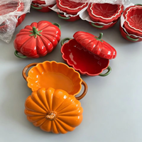 MIXWARES Plat à gâteau ovale en céramique antiadhésif en forme de citrouille avec couvercle et double poignée, bol à soupe, compatible four, vaisselle domestique pour la cuisine