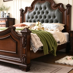 Traditional Queen Size Upholstered Wooden Bed with Genuine Leather Headboard and Carved Frame - Product Image 5