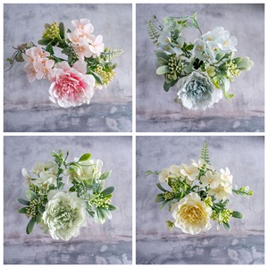Bouquet de fleurs artificielles Camélia fait main pour décoration de mariage, bleu et vert, en tissu tissé - Product Image 3
