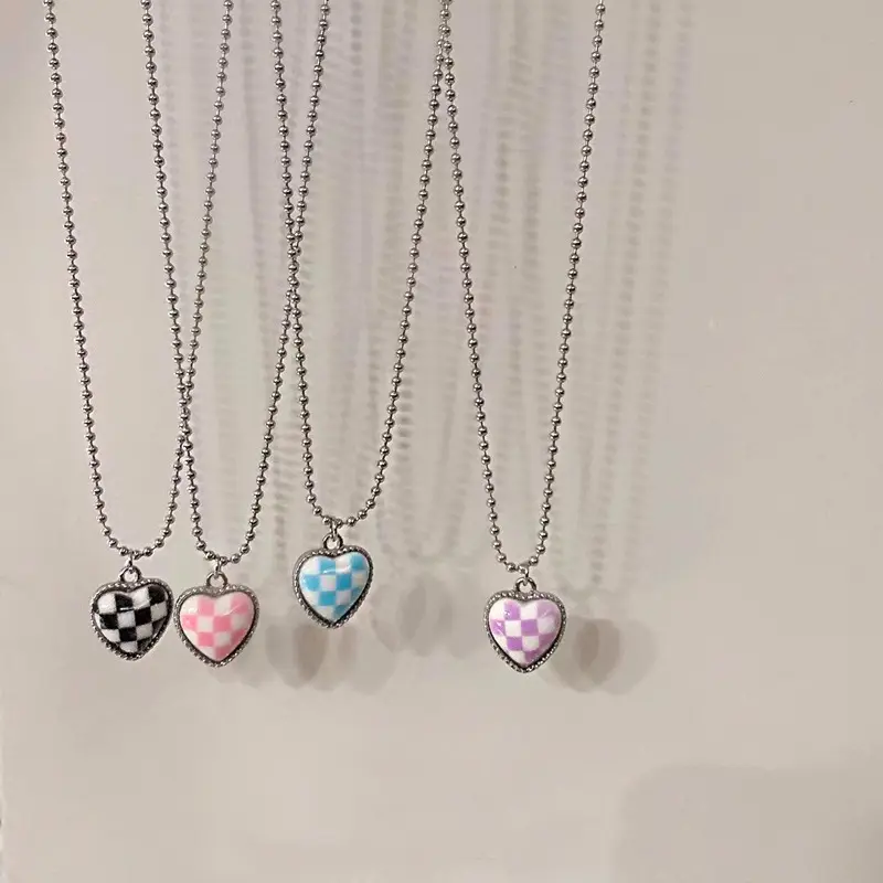 Multi colors Checkerboard Pattern Plaid Heart Necklaces For Women Metal Bead Chain Love Heart Pendant Necklace Gift Jewelry