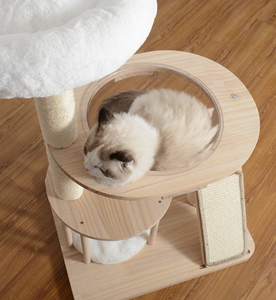 Pequeño árbol de gato de roble natural con plataforma Cápsula espacial Poste para rascar Pequeña piel de conejo Fácil de montar - Product Image 3