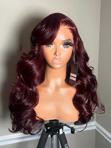 Vino Tinto Oscuro # Pelucas de Cabello Humano Virgen Brasileño Baratas, Onduladas, Rojas 99j, con Encaje Frontal Completo 13X4 - Product Image 4
