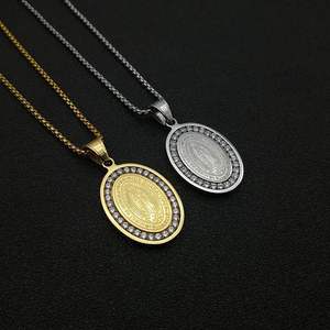 Set baja tahan karat berlapis emas 18K zirkon religius Guadalupe perhiasan kalung liontin perawan Mary untuk pria wanita - Product Image 4