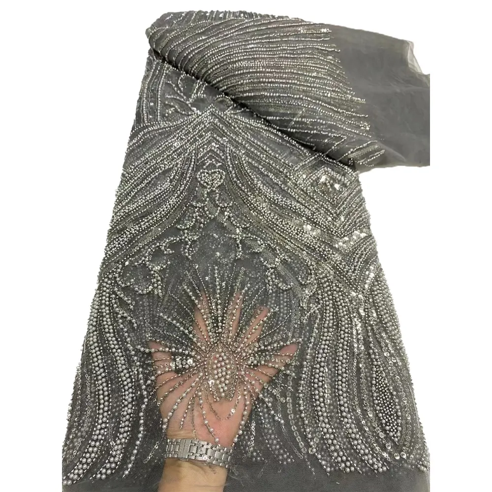 HFX 아프리카 무거운 페르시 레이스 원단 2023 고품질 프랑스 스파이더 타입 스팽글 얇은 명주 그물 레이스 원단 웨딩 이브닝 드레스