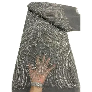 HFX African Heavy Beaded Lace Stoff Hochwertige French Spider Typ Pailletten Tüll Lace Stoff für Hochzeit Abendkleid