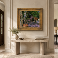 Cuadro al óleo de calle con árboles, coche vintage y paisaje suburbano, arte de pared con marco dorado para decoración de hoteles, cafeterías y salas de estar