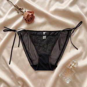 Culottes en maille noires brodées de fleurs pour femmes, avec liens latéraux, transparentes, taille mi-haute, lingerie élégante pour dames, vente en gros - Product Image 4