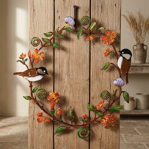 Corona decorativa de metal hecha a mano con pájaros y flores, estilo rústico, sin iluminación, paquete de una sola pieza - Product Image 1
