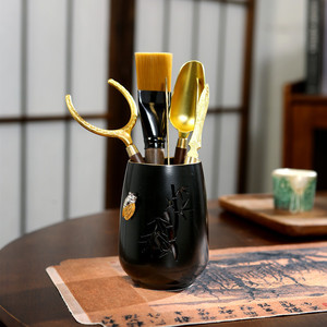 Juego de Seis Accesorios para la Ceremonia del Té, Cilindro de Laca Roja con Diseño de Bambú, Portátil, para Té Kung Fu - Product Image 3