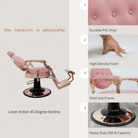 Fauteuil de barbier inclinable en cuir PU rose, mobilier de salon, cadre rose doré avec appui-tête et repose-pieds pour salon de coiffure