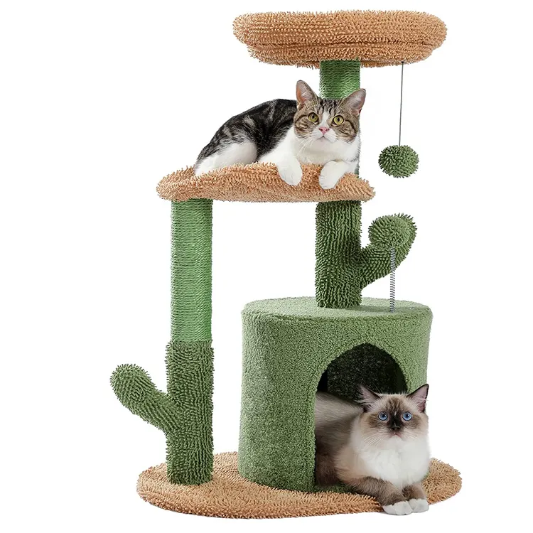 wholesale customized tall cat tower natural sisal rope wrapped scratching climbing tree toys green cactus cat tree for small cat