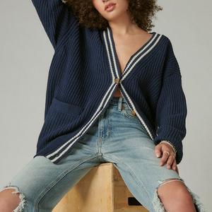 Cárdigan casual de otoño para mujer, de punto acanalado, con cuello en V, ribete en contraste, manga larga, de longitud media, estilo preppy, venta al por mayor - Product Image 2