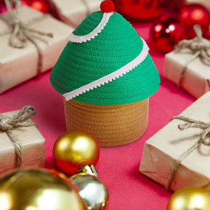 Christmas Tree Shape Cotton Rope Storage Basket With Lid 26cm Height For Desk Bedroom Organization Modern Handmade Design - Product Image 2