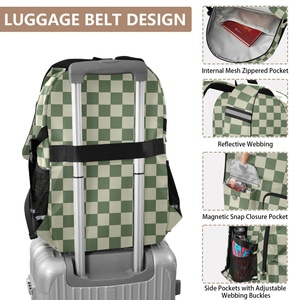 Sac à dos d'étudiant rembourré pour ordinateur portable de 17 pouces, motif à carreaux vert multi-poches, logo personnalisé, sac à dos de voyage pour l'école avec sangle de bagage - Product Image 4