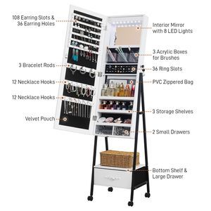 DB White Light Beads Armoire de rangement pour bijoux Miroir complet Style plancher en bois avec 1 grand tiroir et 4 roues Organisateurs - Product Image 3