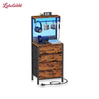 Table de chevet moderne minimaliste en bois massif avec prise de courant, port USB, lumière LED, étagère mobile compacte, tiroir multi-niveaux