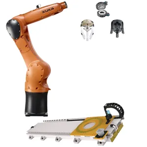 KUKA industrial robot KR 10 R1100 WP industrial robotic arm, equipped with Schunk fixtures as material handling equipment.