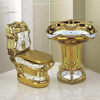 WC monobloc en céramique de luxe, style doré, avec décoration personnalisée, double chasse d'eau, siphon en P, réglage de la pression de l'eau, à poser au sol