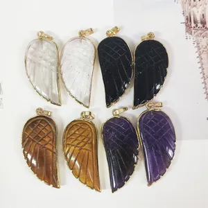 Wholesale bulk 35mm carved crystals wing shape charm natural amethyst tiger eye angel feather shaped black obsidian pendants