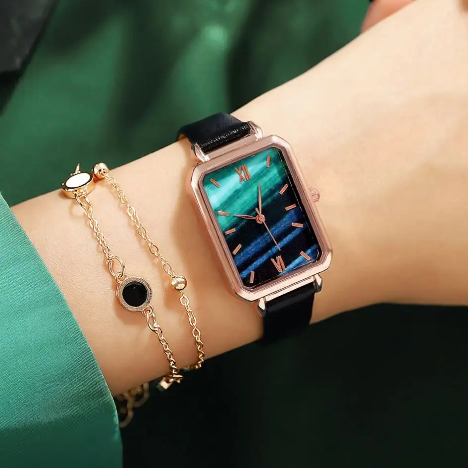 Relógio de pulso de quartzo de couro, relógio feminino pequeno simples com 2 peças, relógio retrô rasgador, moda feminina, vidro verde requintado 2022