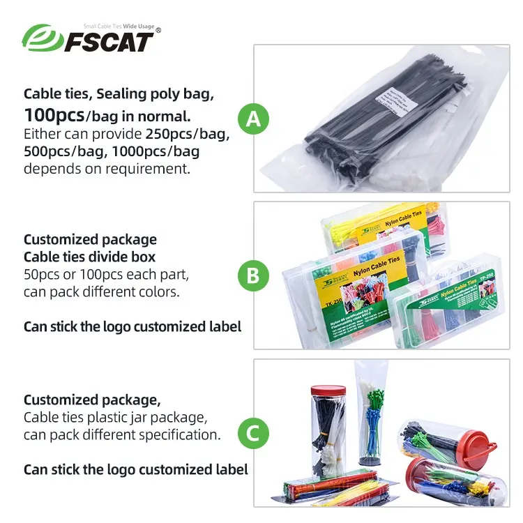 FSCAT 100 autobloquant noir 3.6*200MM attaches de câble en nylon attache zippée en plastique de haute qualité 180lbs nylon 66 attaches de câble