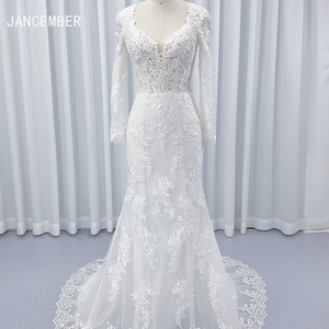 Vestido de novia estilo sirena mangas largas drapeado flor volante decoraciones capilla para madre novia HX43 - Product Image 1