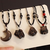 Collier ethnique en cuivre avec pendentif animal en obsidienne naturelle, chaîne de clavicule en corde, pendentif en cristal unisexe pour couple