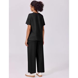 Ensemble 2 pièces pour femmes FOXA, haut à manches courtes, pantalon large, tenue décontractée d'été, ensemble de survêtement en tricot respirant - Product Image 2