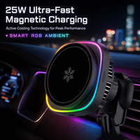 Chargeur de voiture sans fil rapide 25W PD QC3.0 avec protection OVP, support magnétique pour téléphone, LED colorée, en alliage d'aluminium ABS