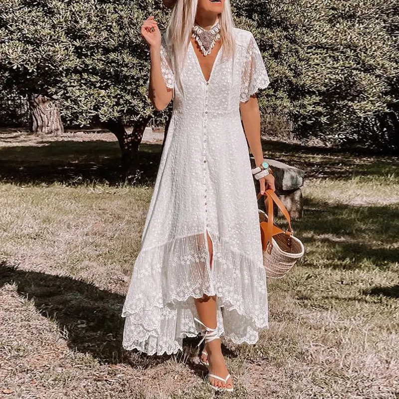 2023 Summer Asymmetric Elegant Summer Embroidery Floral Lace V-neck Beach Long Casual Dress