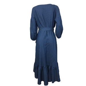 Nuevo azul mujeres nueve puntos manga una línea volante dobladillo vestido cuello en V vestido linterna manga mujer vestido EDF0617 - Product Image 3