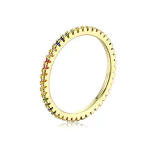 2022 Jewelry 925 Silver Jewelry Gaily Colored Circle Tiny Colorful Zircon Gold Plated Thin Rings Fine Jewelry