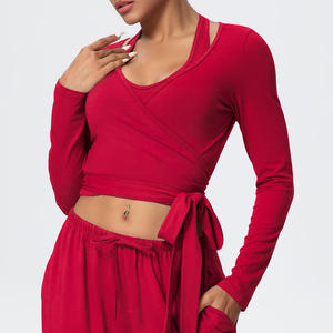 2 Piece <b>Yoga</b> <b>Set</b> V Neck Long Sleeve Self-Tie Wrap Crop Top High Waist Drawstring Shorts Solid Color Breathable Spandex Polyester - Product Image 5