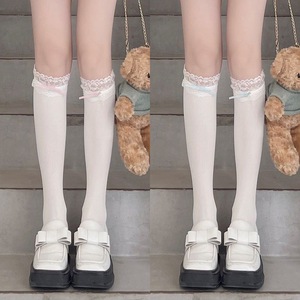 Cute White Lace Trim Knee <b>Socks</b> With Bow For Women Youth Schoolgirl Style Breathable Sweat Absorbing <b>Polyester</b> Fiber - Product Image 1