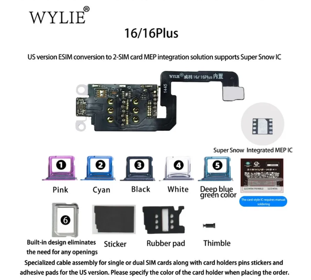 WYLIE Super Snow IC to Dual SIM Card Conversion Component for IP14 to IP17 for US Versions ESIM to Dual SIM