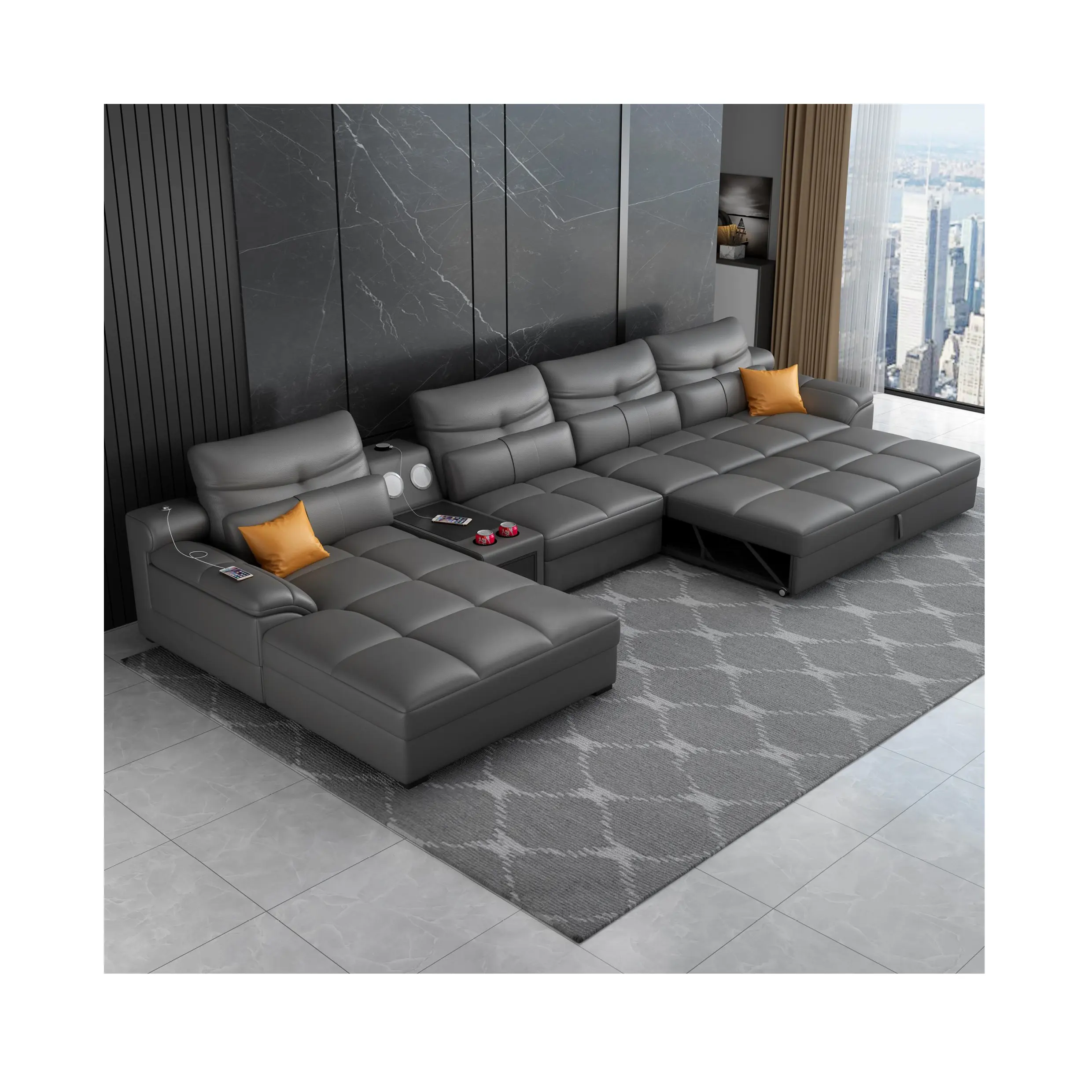 Modern L Shape Leather Sofa With Usb Sectional Corner Sofa Set 7 Seater Couch With Charge Living+Room+Sofa Bed+Music Speaker