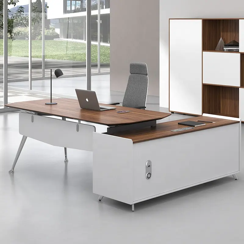 Furnitur Kantor Eropa Elegan Aluminium Led L Bentuk Meja Manajer Kantor Modern dengan Kunci Digital