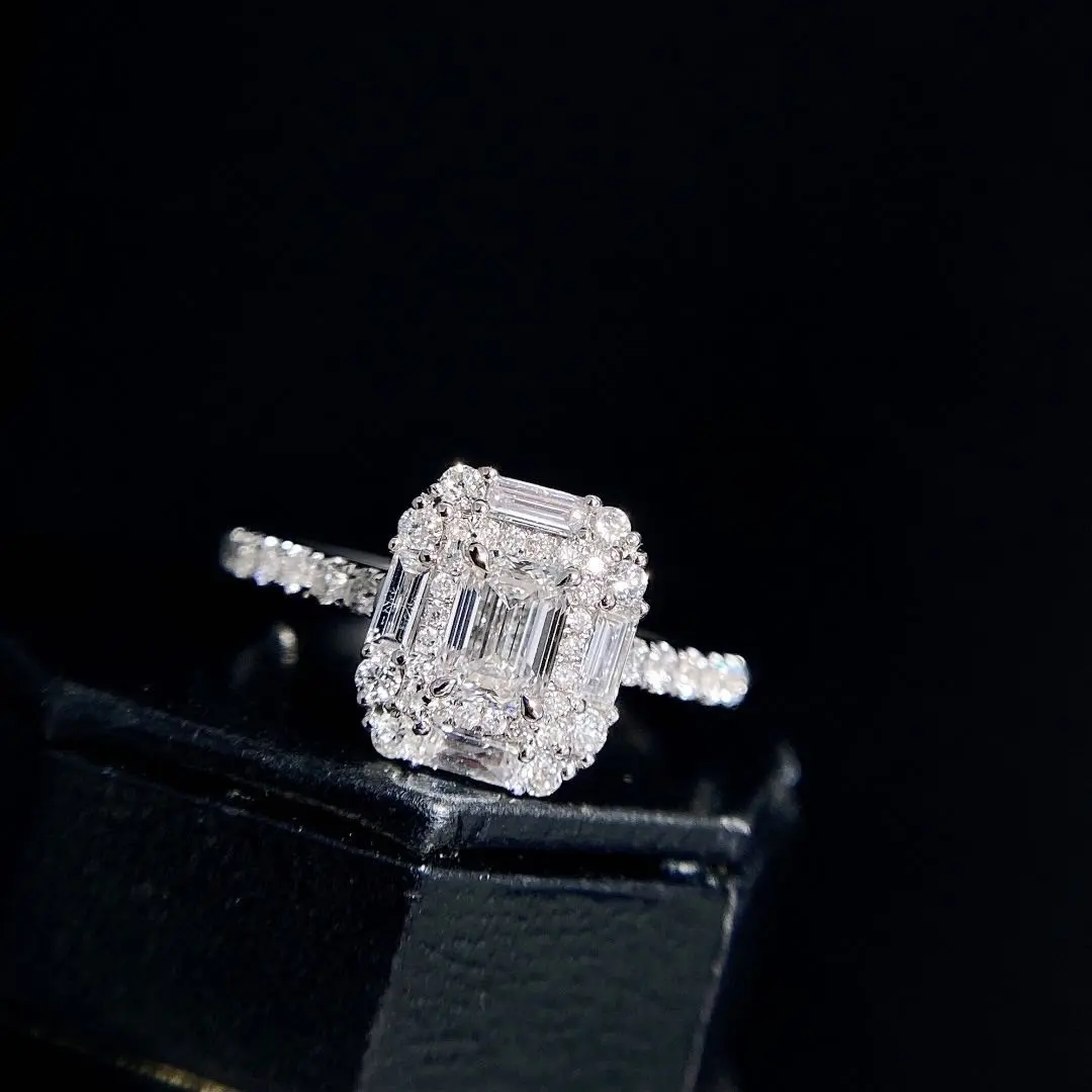 GIA Emerald Cut Central Diamond Engagement Ring With Side Stone Big Baguette Diamonds