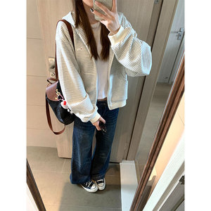 Gray And Pink Striped Hooded Sweatshirt Women Zipper Knitted Breathable Loose Fit Early Autumn 2025 New Style - Product Image 1