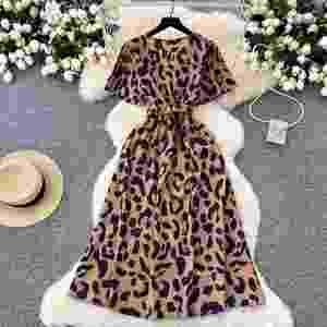 Vestido midi casual de verano con cuello en V y abertura, túnica ajustada con vendaje, manga corta, estampado de leopardo y encaje para mujer - Product Image 4