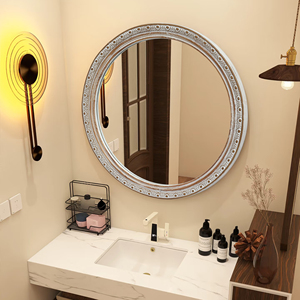 Ornate Round Wall Mirror 23.62 In Distressed Silver <b>Gold</b> Carved <b>Frame</b> Decorative Bathroom Vanity Mirror - Product Image 6