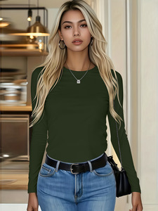 2026 Custom Logo Spring Women Casual Long Sleeve Shirt <strong>Ladies</strong> Crew Neck Tight <strong>Fit</strong> Tops <strong>Basic</strong> Plain Long Sleeve T-shirt - Product Image 6