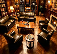 Collection de salon de cigares classique |   Canapé et fauteuils capitonnés en similicuir, table d'échecs ornée, bibliothèque et casier à vin, bar sur mesure
