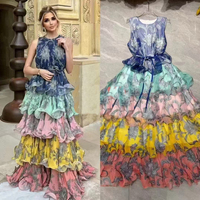Robe de Soirée Bohème AELESEEN Femme Printemps-Été 2025 Sans Manches Imprimé Floral Dégradé Mince Volants en Cascade Longueur Ras du Sol