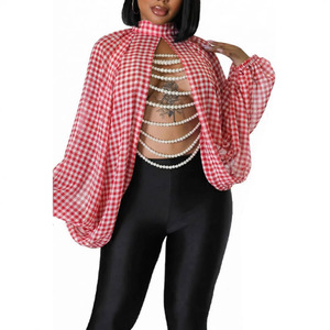 Camicetta Trasparente con Stampa Leopardata 2026 da Donna, Top a Maniche Lunghe con Collo Alto e Dettaglio Catena di Perle, Ideale per Feste e Clubwear, Crop Top - Product Image 2